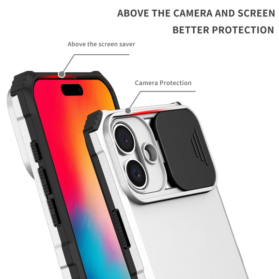 For iPhone 16 Stereoscopic Holder Sliding Camshield Phone Case(White)