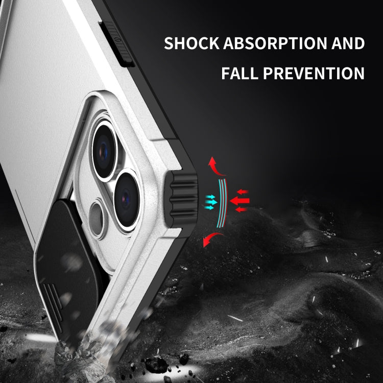 For iPhone 16 Stereoscopic Holder Sliding Camshield Phone Case(White)