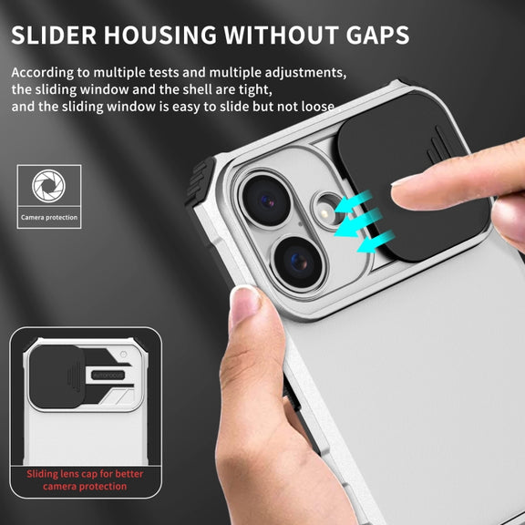 For iPhone 16 Stereoscopic Holder Sliding Camshield Phone Case(White)