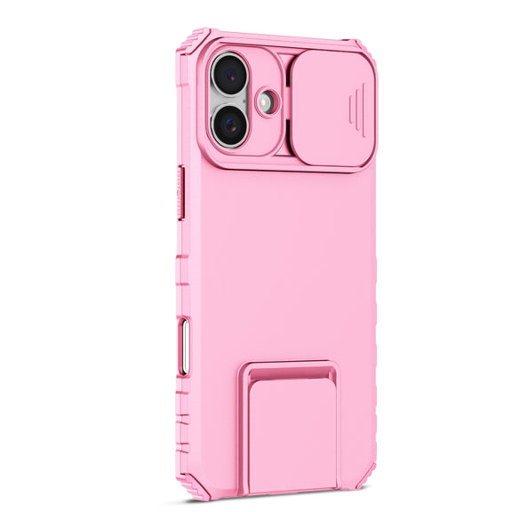For iPhone 16 Stereoscopic Holder Sliding Camshield Phone Case(Pink)
