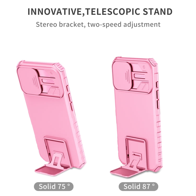 For iPhone 16 Stereoscopic Holder Sliding Camshield Phone Case(Pink)