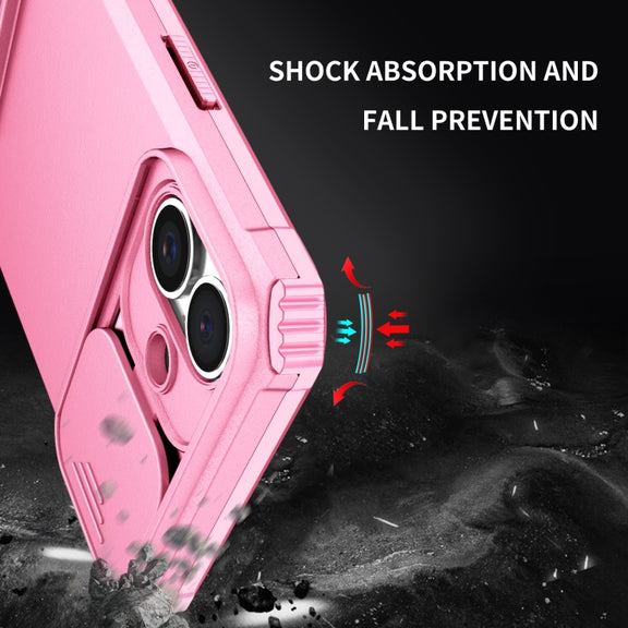 For iPhone 16 Stereoscopic Holder Sliding Camshield Phone Case(Pink)