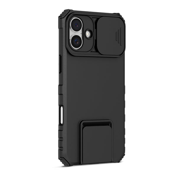 For iPhone 16 Stereoscopic Holder Sliding Camshield Phone Case(Black)