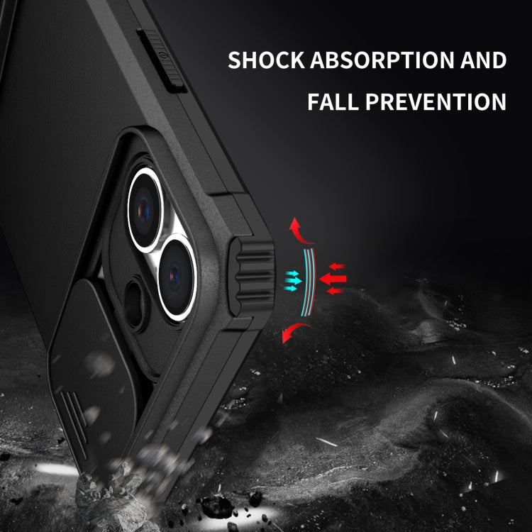 For iPhone 16 Stereoscopic Holder Sliding Camshield Phone Case(Black)