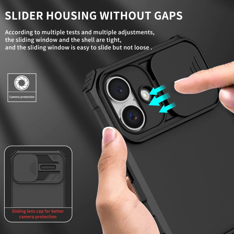 For iPhone 16 Stereoscopic Holder Sliding Camshield Phone Case(Black)