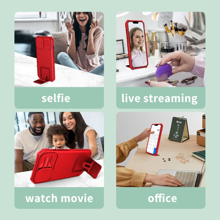 For iPhone 16 Stereoscopic Holder Sliding Camshield Phone Case(Red)