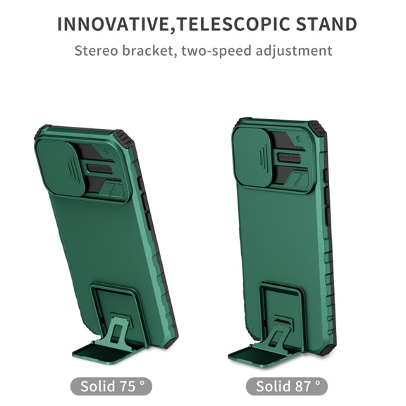 For iPhone 16 Stereoscopic Holder Sliding Camshield Phone Case(Green)