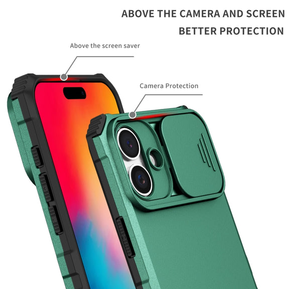 For iPhone 16 Stereoscopic Holder Sliding Camshield Phone Case(Green)