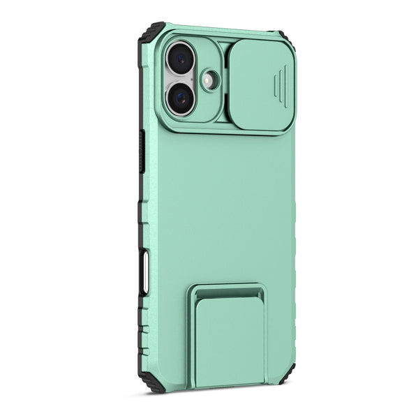 For iPhone 16 Stereoscopic Holder Sliding Camshield Phone Case(Light Blue)