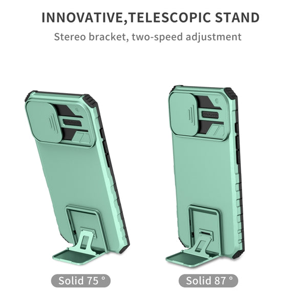 For iPhone 16 Stereoscopic Holder Sliding Camshield Phone Case(Light Blue)