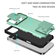 For iPhone 16 Stereoscopic Holder Sliding Camshield Phone Case(Light Blue)