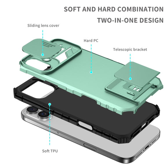 For iPhone 16 Stereoscopic Holder Sliding Camshield Phone Case(Light Blue)