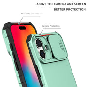 For iPhone 16 Stereoscopic Holder Sliding Camshield Phone Case(Light Blue)