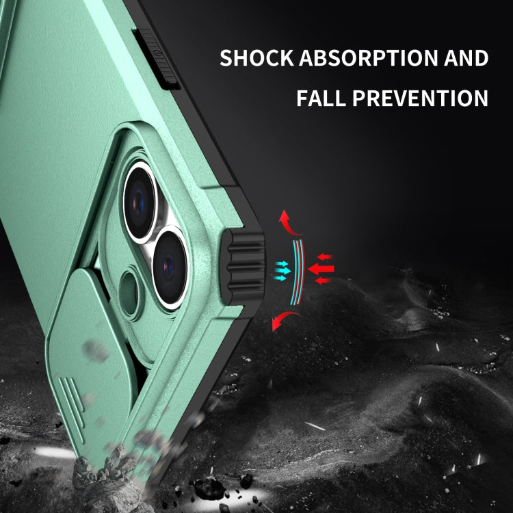 For iPhone 16 Stereoscopic Holder Sliding Camshield Phone Case(Light Blue)