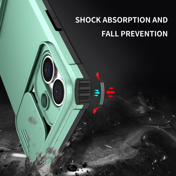 For iPhone 16 Stereoscopic Holder Sliding Camshield Phone Case(Light Blue)