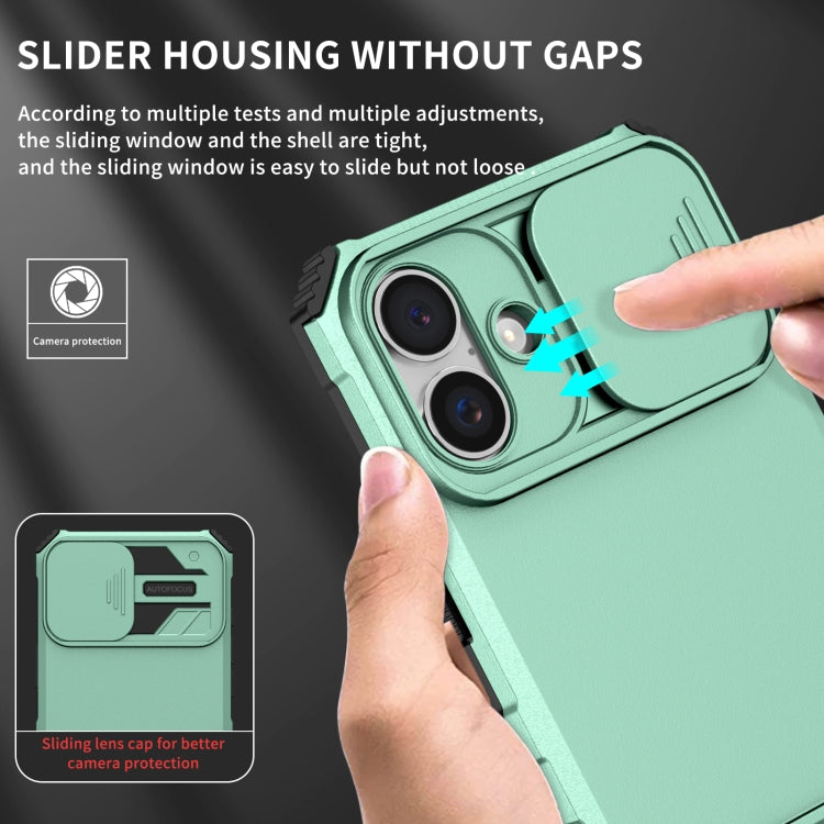 For iPhone 16 Stereoscopic Holder Sliding Camshield Phone Case(Light Blue)