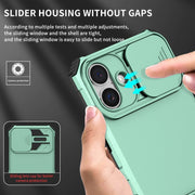 For iPhone 16 Stereoscopic Holder Sliding Camshield Phone Case(Light Blue)