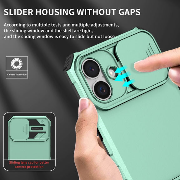 For iPhone 16 Stereoscopic Holder Sliding Camshield Phone Case(Light Blue)
