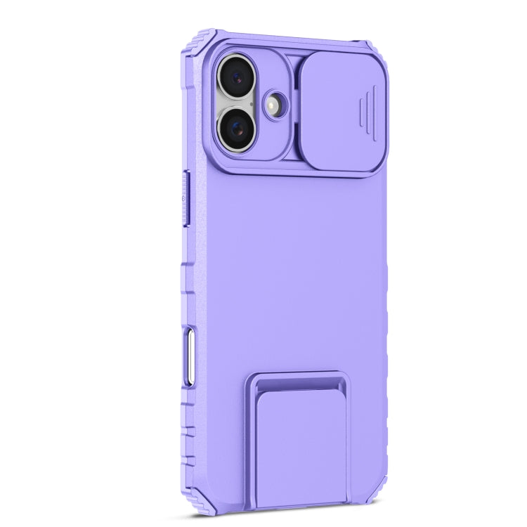For iPhone 16 Stereoscopic Holder Sliding Camshield Phone Case(Purple)