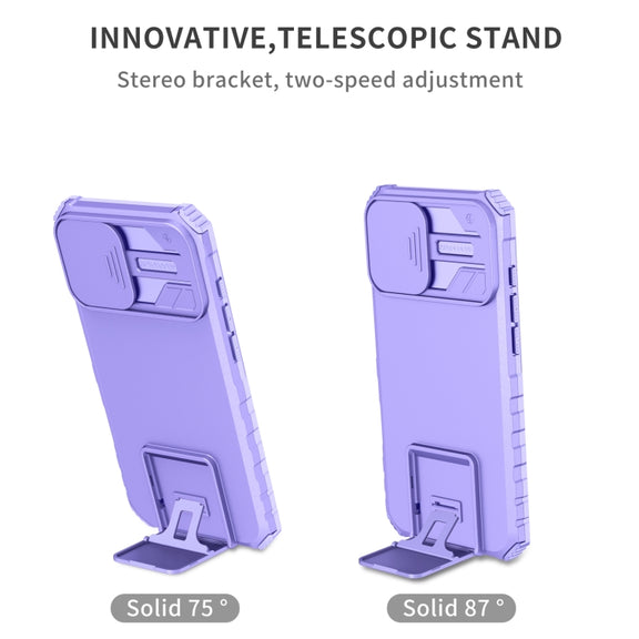 For iPhone 16 Stereoscopic Holder Sliding Camshield Phone Case(Purple)