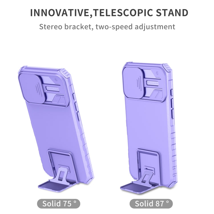 For iPhone 16 Stereoscopic Holder Sliding Camshield Phone Case(Purple)