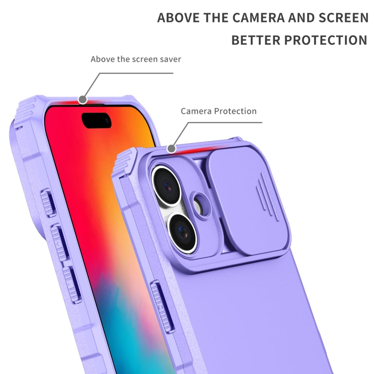 For iPhone 16 Stereoscopic Holder Sliding Camshield Phone Case(Purple)