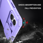 For iPhone 16 Stereoscopic Holder Sliding Camshield Phone Case(Purple)