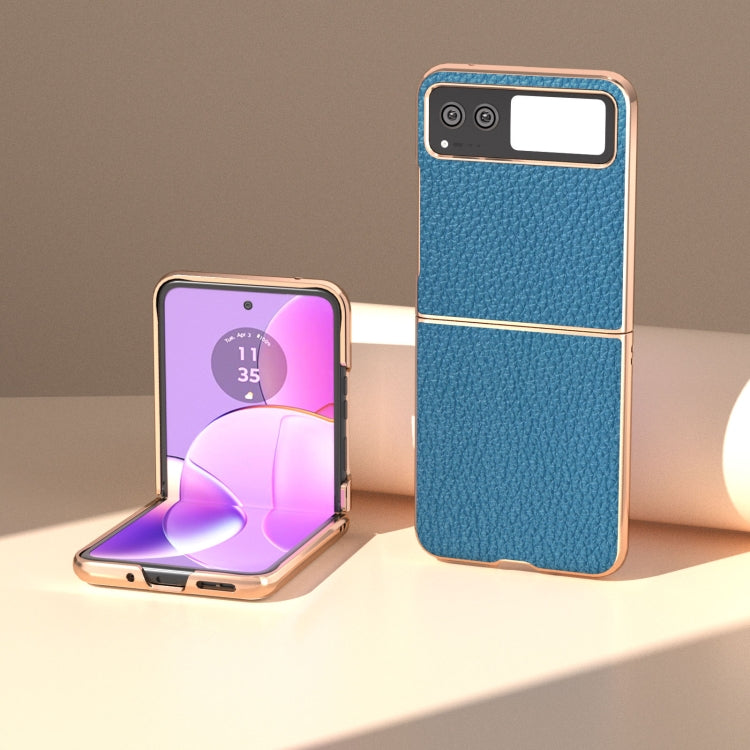 For Motorola Razr 40 Nano Electroplating Genuine Leather Litchi Texture Phone Case(Blue)