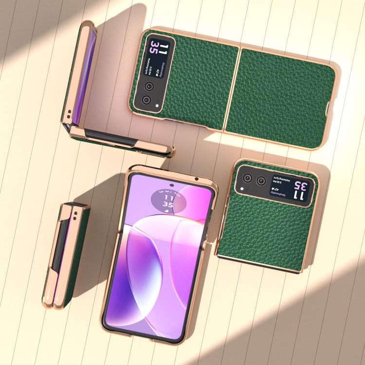 For Motorola Razr 40 Nano Electroplating Genuine Leather Litchi Texture Phone Case(Green)