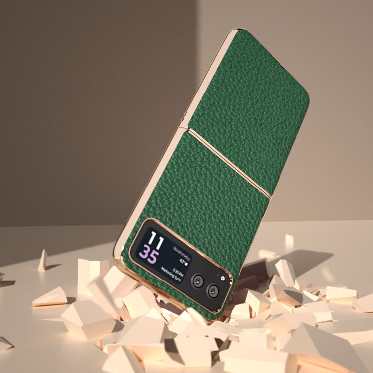 For Motorola Razr 40 Nano Electroplating Genuine Leather Litchi Texture Phone Case(Green)