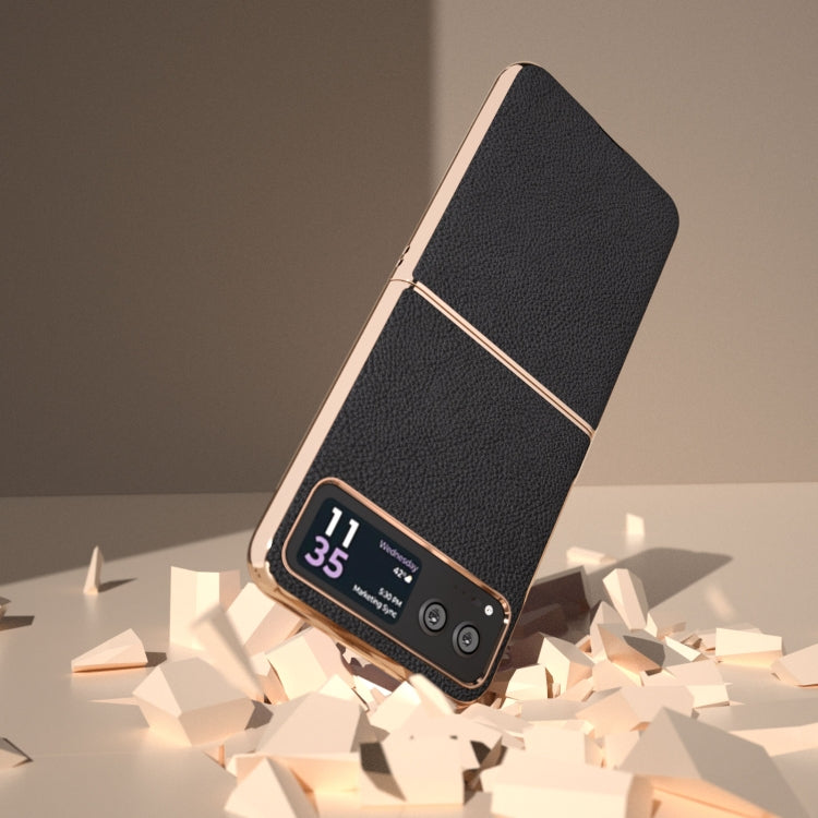 For Motorola Razr 40 Nano Electroplating Genuine Leather + PC Litchi Texture Phone Case(Black)