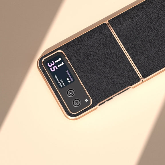 For Motorola Razr 40 Nano Electroplating Genuine Leather + PC Litchi Texture Phone Case(Black)