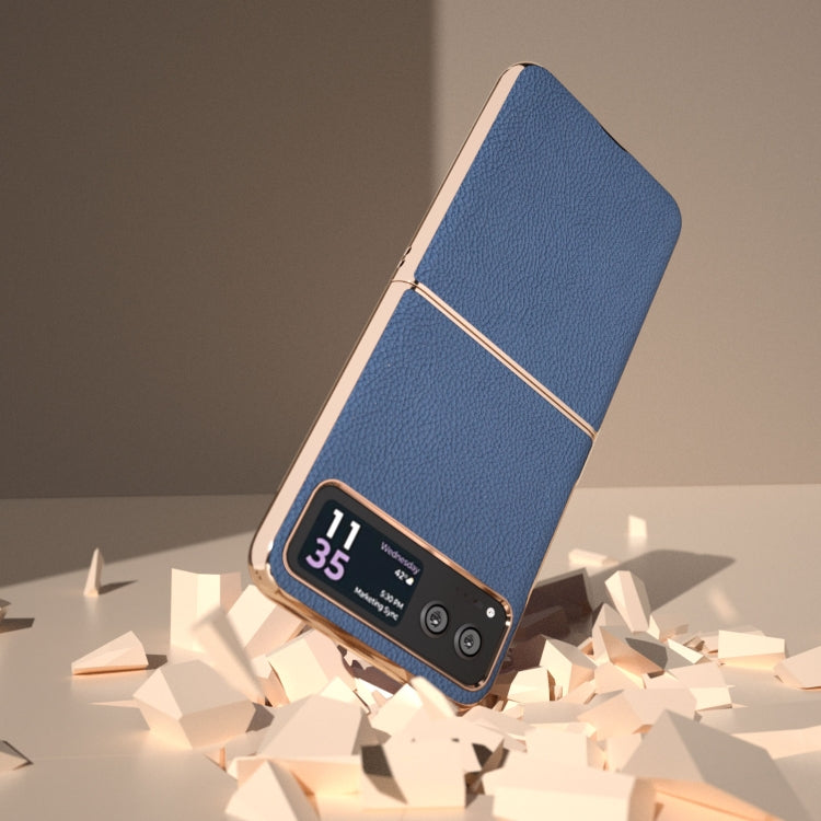For Motorola Razr 40 Nano Electroplating Genuine Leather + PC Litchi Texture Phone Case(Blue)
