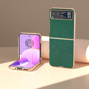 For Motorola Razr 40 Nano Electroplating Cross Texture Genuine Leather Phone Case(Green)