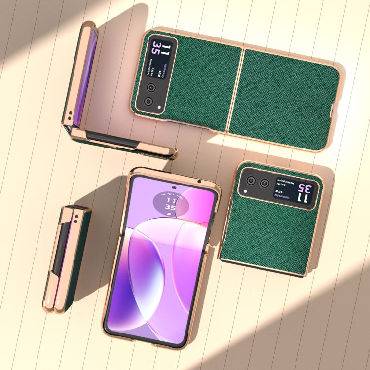For Motorola Razr 40 Nano Electroplating Cross Texture Genuine Leather Phone Case(Green)