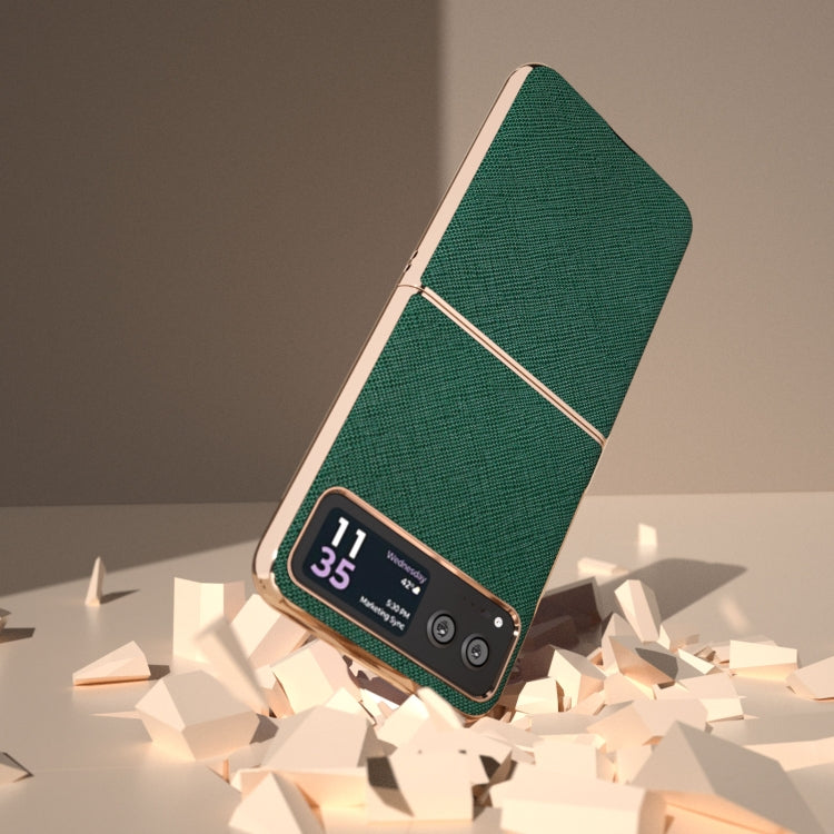 For Motorola Razr 40 Nano Electroplating Cross Texture Genuine Leather Phone Case(Green)
