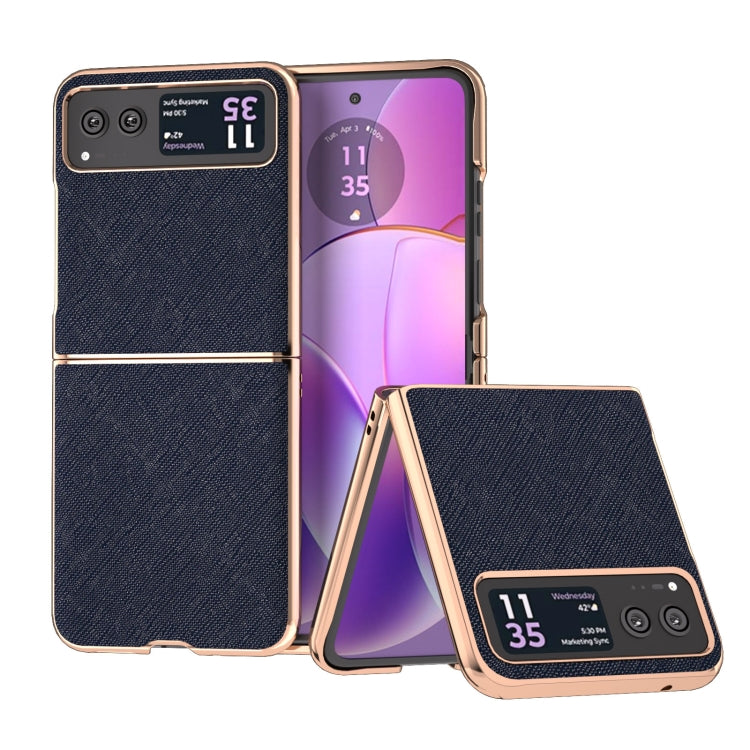 For Motorola Razr 40 Nano Electroplating Cross Texture Genuine Leather Phone Case(Blue)