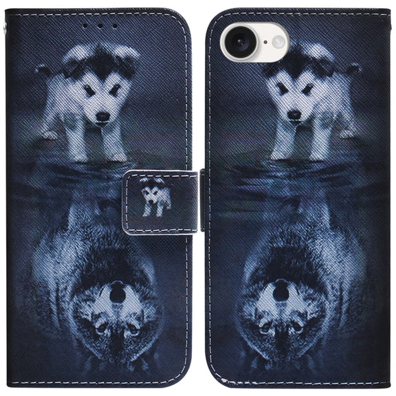 For iPhone 16e Coloured Drawing Flip Leather Phone Case(Wolf and Dog)