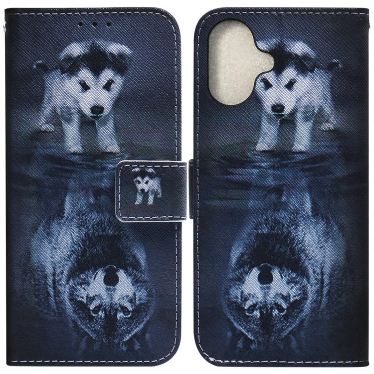 For iPhone 16 Coloured Drawing Flip Leather Phone Case(Wolf and Dog)
