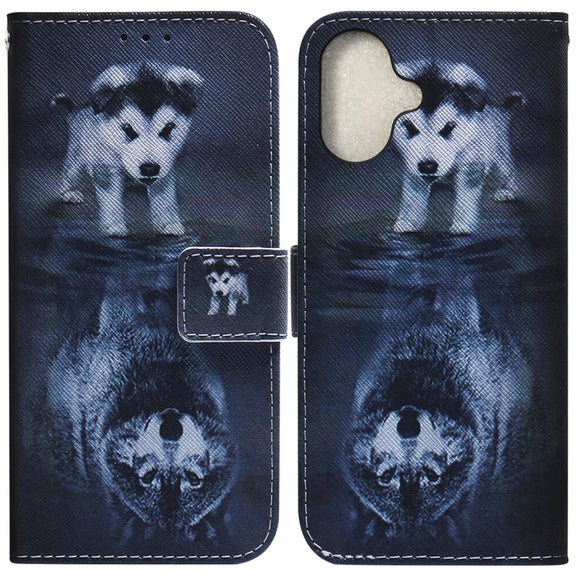 For iPhone 16 Coloured Drawing Flip Leather Phone Case(Wolf and Dog)
