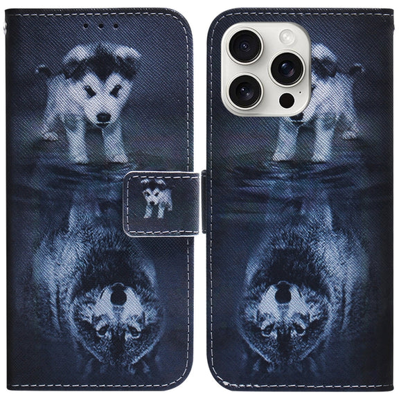 For iPhone 16 Pro Coloured Drawing Flip Leather Phone Case(Wolf and Dog)