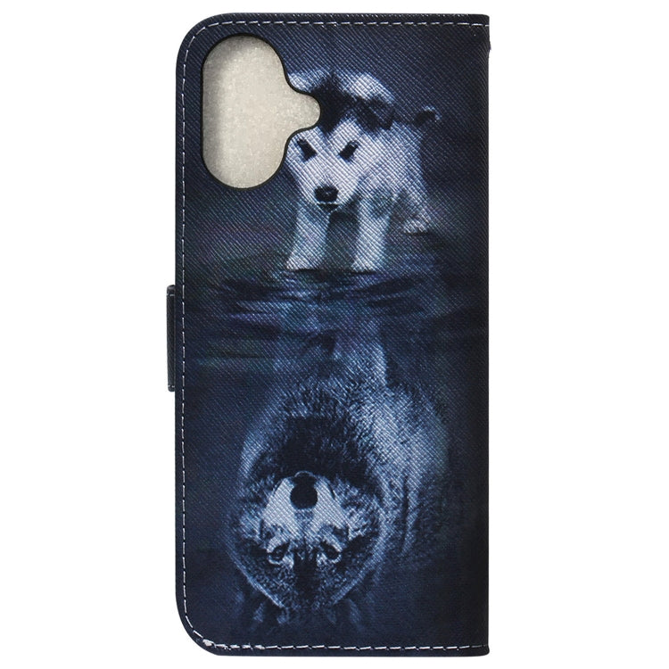 For iPhone 16 Plus Coloured Drawing Flip Leather Phone Case(Wolf and Dog)