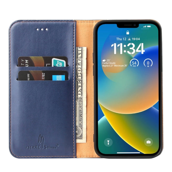 For iPhone 15 Fierre Shann PU Genuine Leather Texture Phone Case(Blue)