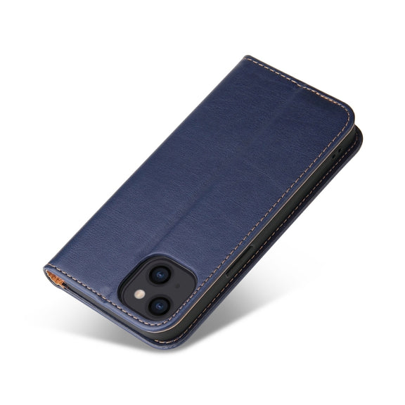 For iPhone 15 Fierre Shann PU Genuine Leather Texture Phone Case(Blue)