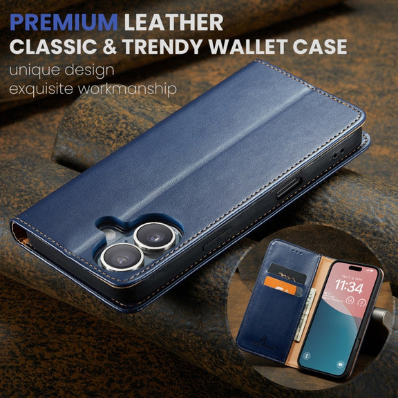 For iPhone 16 Fierre Shann PU Genuine Leather Texture Phone Case(Blue)