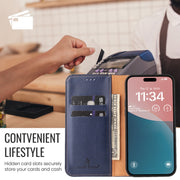 For iPhone 16 Fierre Shann PU Genuine Leather Texture Phone Case(Blue)