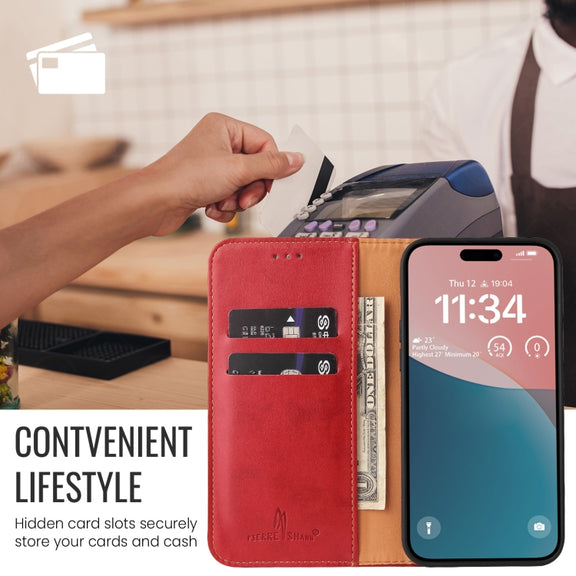 For iPhone 16 Fierre Shann PU Genuine Leather Texture Phone Case(Red)