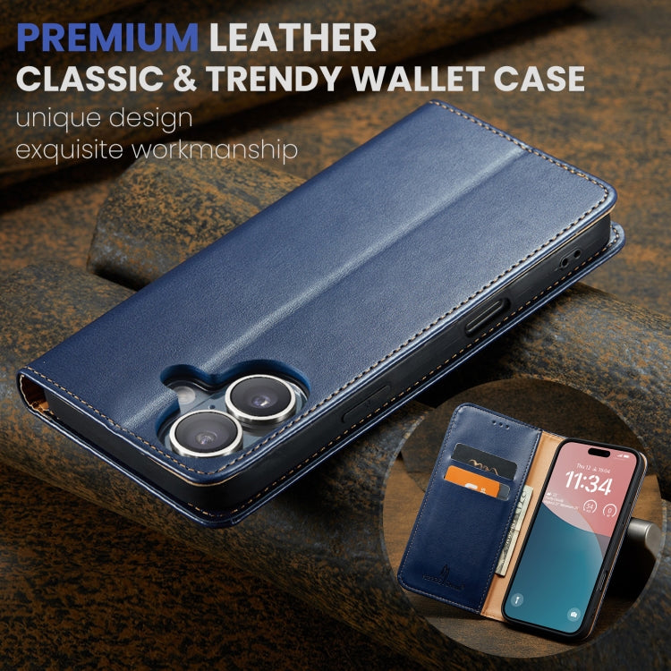 For iPhone 16 Plus Fierre Shann PU Genuine Leather Texture Phone Case(Blue)