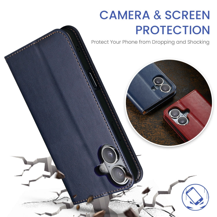 For iPhone 16 Plus Fierre Shann PU Genuine Leather Texture Phone Case(Blue)