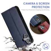 For iPhone 16 Plus Fierre Shann PU Genuine Leather Texture Phone Case(Blue)